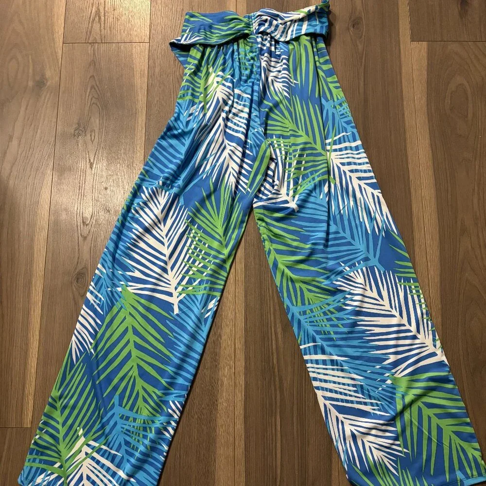 Mud Pie Beach to Bar Palm Leaf Flowy Tropical Pants with Elastic Tie Waist ~ NWT - Picture 2 of 4